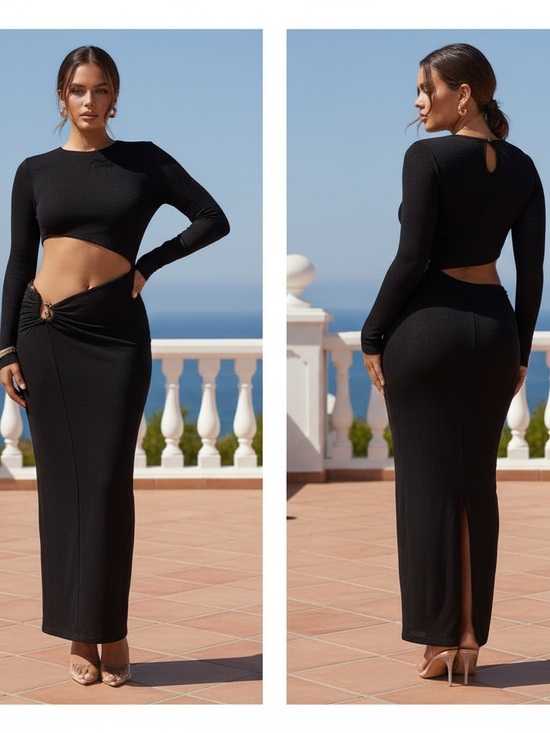 JLUXLABEL Summer Romance Cutout Side Long Sleeve Maxi Dress Black Size Large NEW - Picture 4 of 16